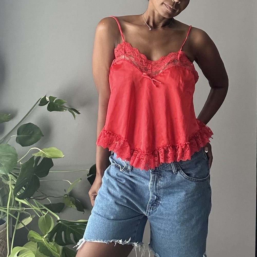 Vintage Vandemere Camisole Women's Medium Red Lace Babydoll Ruffle Hem 80s